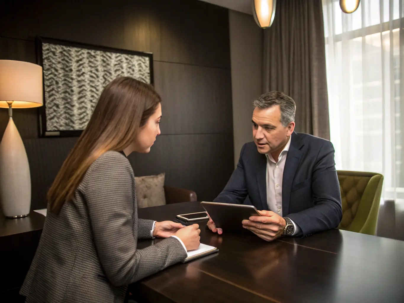 A consultant presenting a digital strategy plan to a client in a modern office setting, representing Entice Technology's Strategic IT Consulting services.