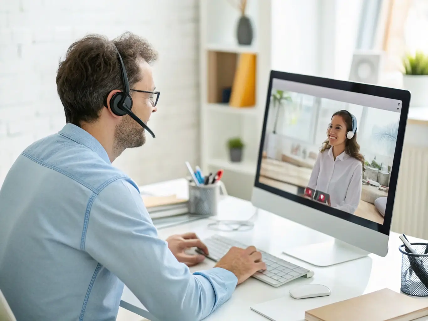 A technician assisting a client via remote support on a laptop with a headset, illustrating Entice Technology's Technical Support services.