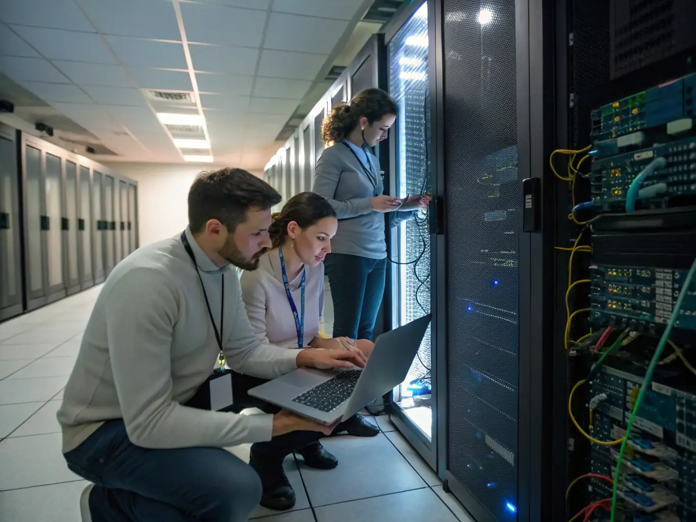 An image showing a team of IT professionals monitoring servers and network systems in a modern data center, representing Entice Technology's Managed IT Services.