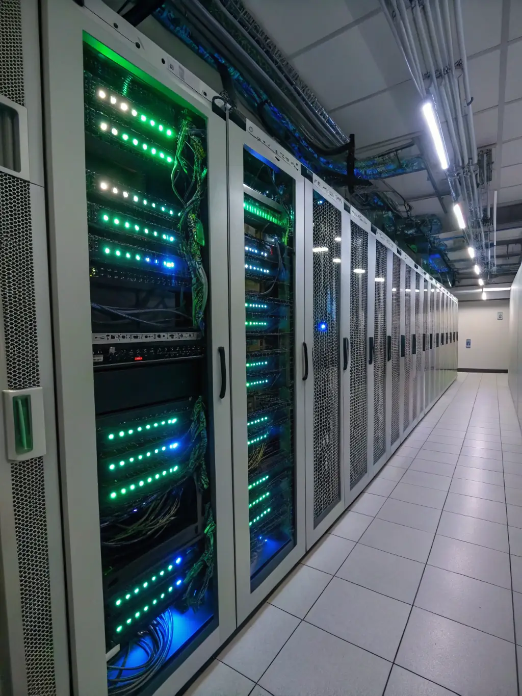 A server room with blinking lights and well-organized cables, representing the managed IT services provided by Entice Technology.