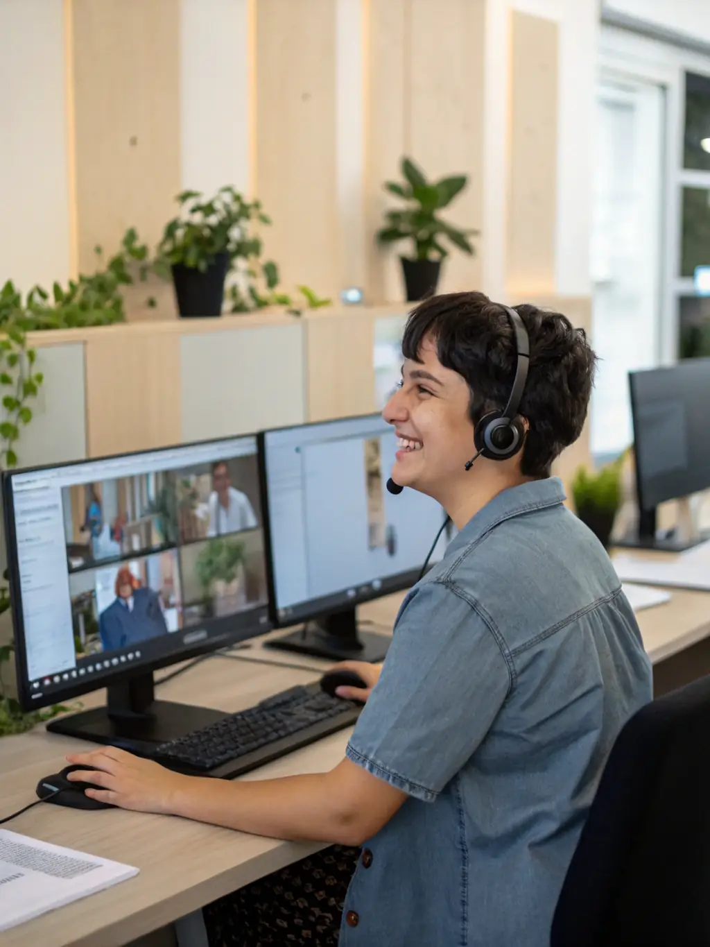 A professional IT technician working at a computer, assisting a client remotely with a software issue, showcasing Entice Technology's technical support service.